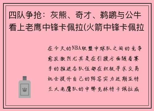 四队争抢：灰熊、奇才、鹈鹕与公牛看上老鹰中锋卡佩拉(火箭中锋卡佩拉)