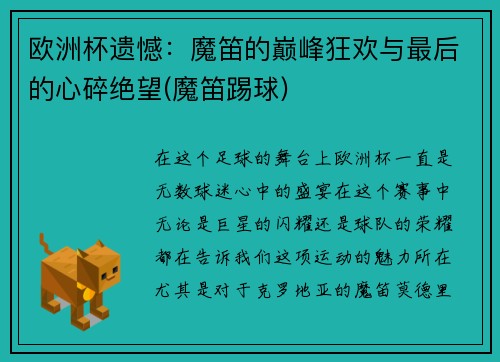 欧洲杯遗憾：魔笛的巅峰狂欢与最后的心碎绝望(魔笛踢球)