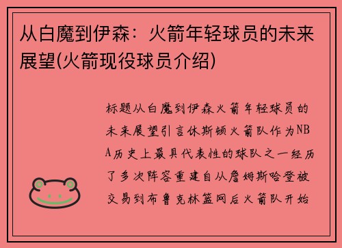 从白魔到伊森：火箭年轻球员的未来展望(火箭现役球员介绍)