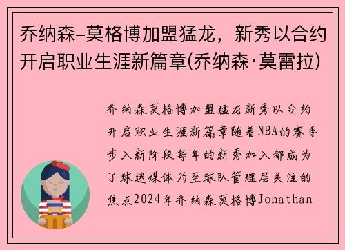乔纳森-莫格博加盟猛龙，新秀以合约开启职业生涯新篇章(乔纳森·莫雷拉)