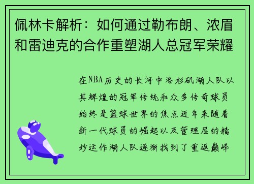佩林卡解析：如何通过勒布朗、浓眉和雷迪克的合作重塑湖人总冠军荣耀