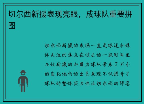 切尔西新援表现亮眼，成球队重要拼图