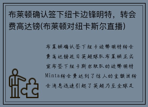 布莱顿确认签下纽卡边锋明特，转会费高达镑(布莱顿对纽卡斯尔直播)