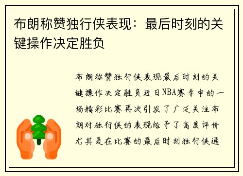 布朗称赞独行侠表现：最后时刻的关键操作决定胜负