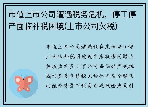 市值上市公司遭遇税务危机，停工停产面临补税困境(上市公司欠税)