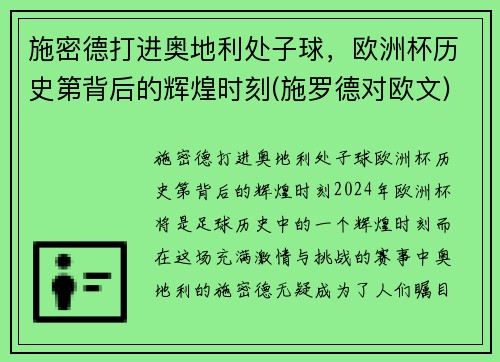 施密德打进奥地利处子球，欧洲杯历史第背后的辉煌时刻(施罗德对欧文)