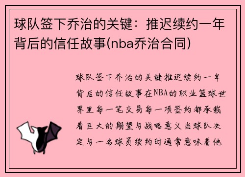 球队签下乔治的关键：推迟续约一年背后的信任故事(nba乔治合同)