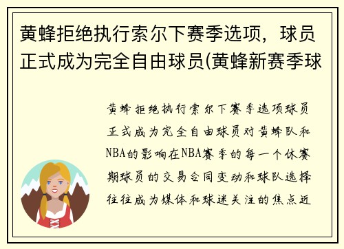 黄蜂拒绝执行索尔下赛季选项，球员正式成为完全自由球员(黄蜂新赛季球衣)