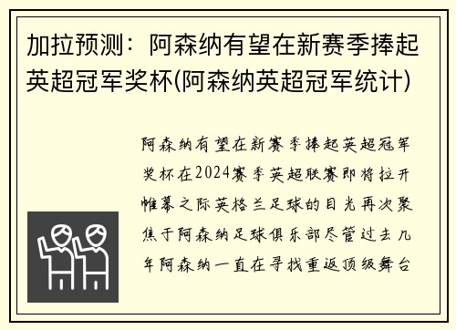 加拉预测：阿森纳有望在新赛季捧起英超冠军奖杯(阿森纳英超冠军统计)