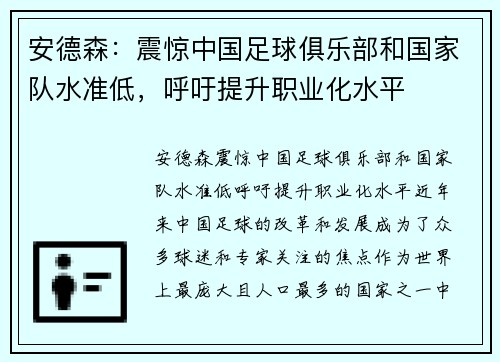安德森：震惊中国足球俱乐部和国家队水准低，呼吁提升职业化水平
