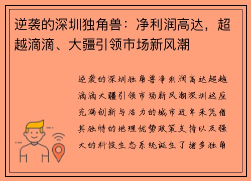 逆袭的深圳独角兽：净利润高达，超越滴滴、大疆引领市场新风潮